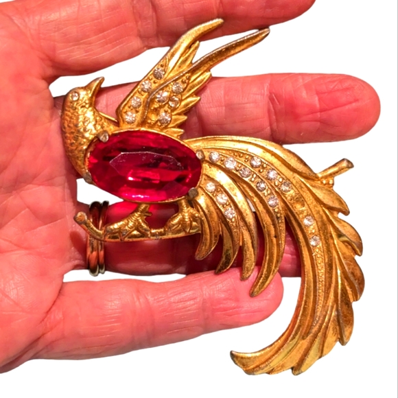 Vintage 1940 red & gold faceted rare crystal Gold plate bird of Paradise - Picture 1 of 16